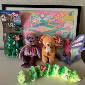 Ty Beanie Babies Plush Toy Collection - Green, Purple, Tan